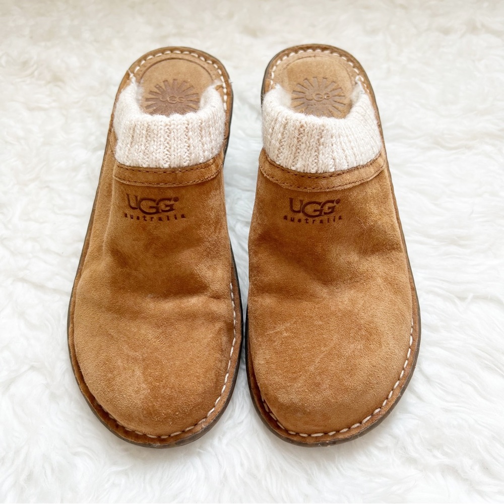 UGG Gael brown suede clog w knit cuff size 7 wedge heel - Picture 8 of 9